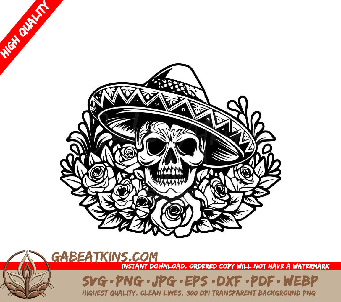 Mexican Sugar Skull Sombrero SVG - Retro Rose Design SVG
