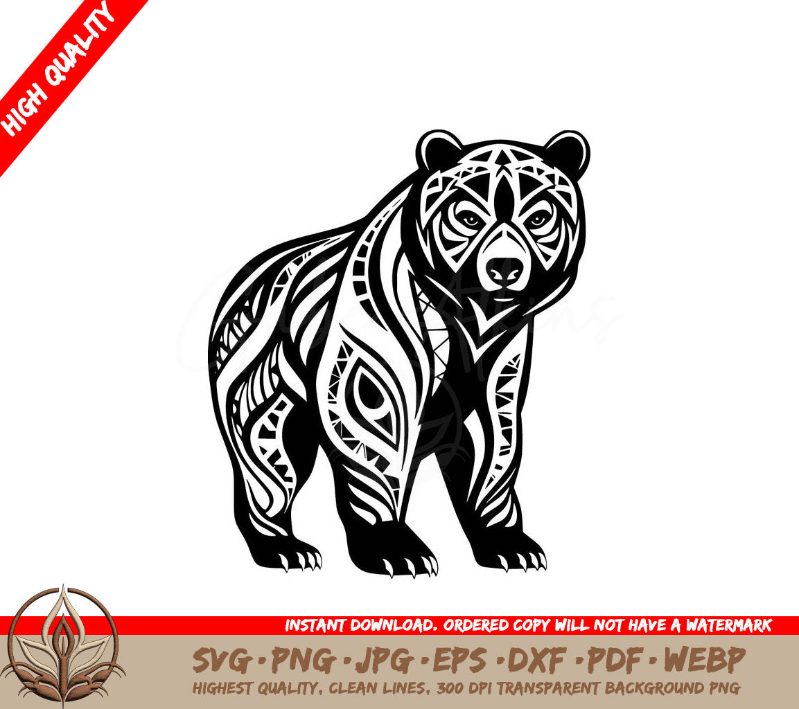 A Black And White Bear With A Tribal Pattern On It