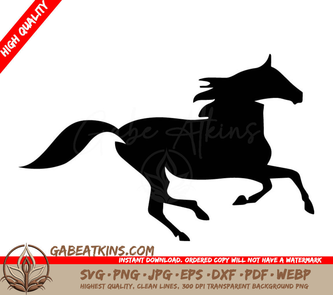 A Black Silhouette Of A Horse Running On A White Background . SVG - Modern black and white vector of running horse SVG