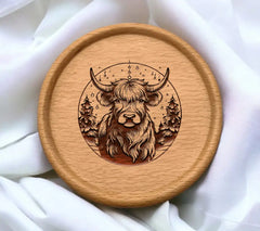 Bull with Christmas Trees SVG - Monochromatic Highland Cow in Snowy Meadow SVG