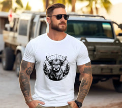 Bull with Christmas Trees SVG - Monochromatic Highland Cow in Snowy Meadow SVG