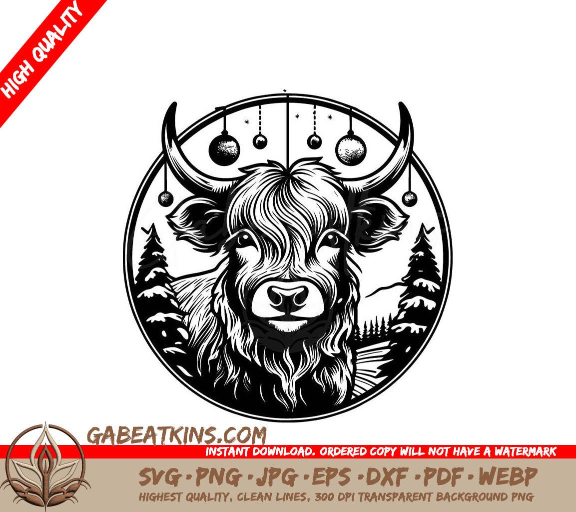 Bull Christmas SVG - Monochromatic Highland Cow Illustration SVG