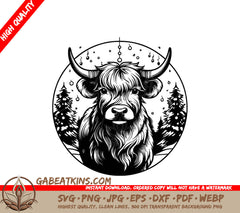 Bull with Christmas Trees SVG - Monochromatic Highland Cow in Snowy Meadow SVG