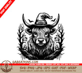 Witch Cow Halloween SVG - Monotone Highland Cow Forest Illustration SVG