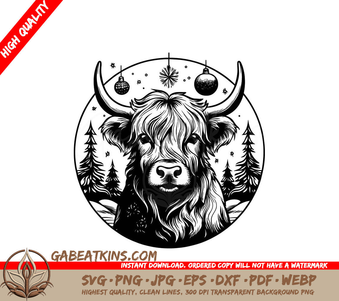 Highland Cow Christmas SVG - Monotone Magical Bull Illustration SVG
