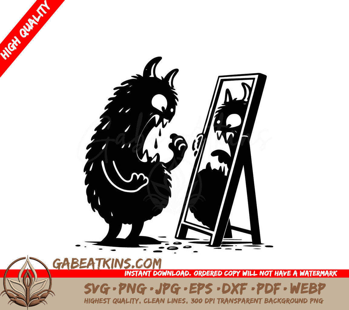 A Black And White Drawing Of A Monster Looking At Itself In A Mirror