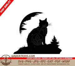A Silhouette Of A Cat Sitting In Front Of A Full Moon