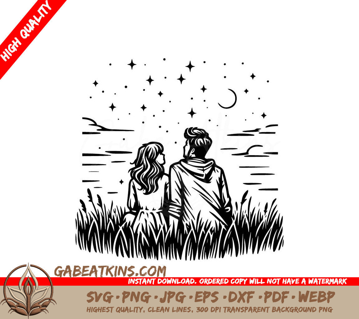 A Man And A Woman Are Sitting In The Grass Looking At The Stars SVG - Moonlit Stargazers SVG