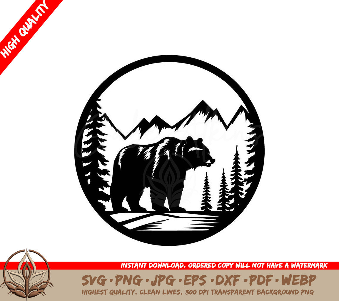 A Bear In A Circle With Mountains In The Background