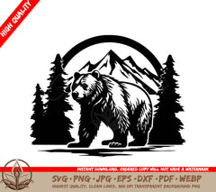 A Black And White Drawing Of A Bear With Mountains In The Background