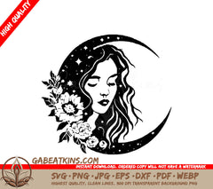 A Womans Face On A Crescent Moon SVG - Mystic Moon Maiden with Flowers SVG