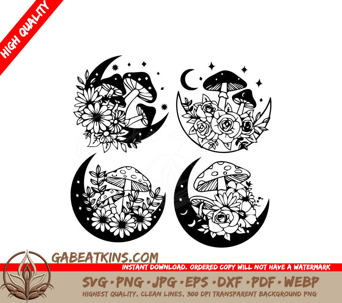 Four Black And White Drawings Of Mushrooms And Flowers On Crescent Moons SVG - Mystical Moon with Mushroom SVG SVG