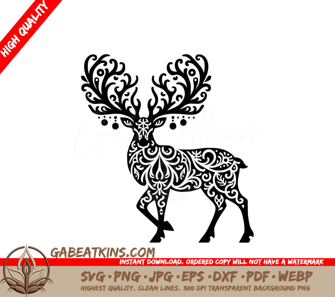 A Deer With A Pattern On Its Antlers SVG - Ornate Christmas Reindeer SVG