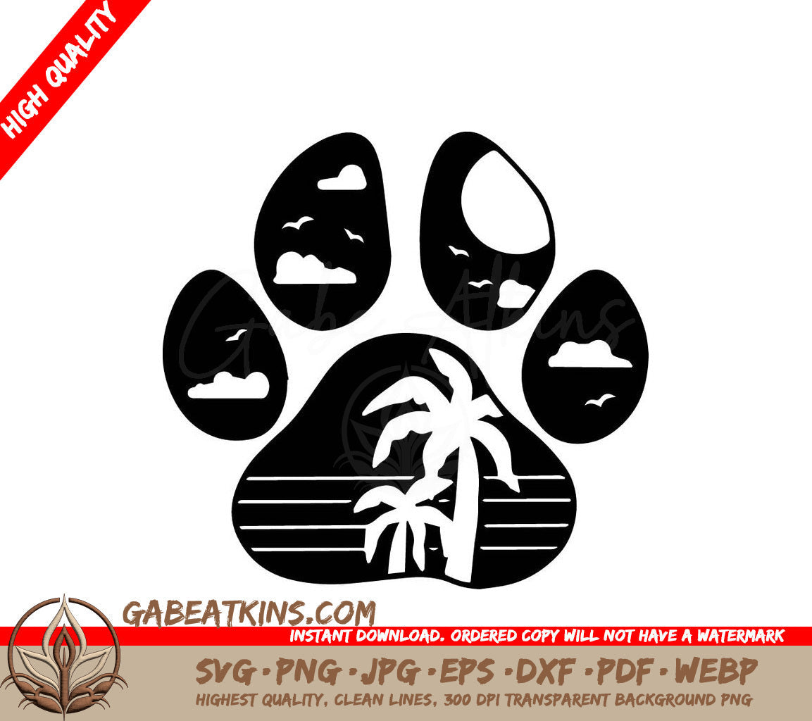A Black And White Paw Print With Palm Trees And Clouds SVG - Palm Tree Paw Print SVG SVG