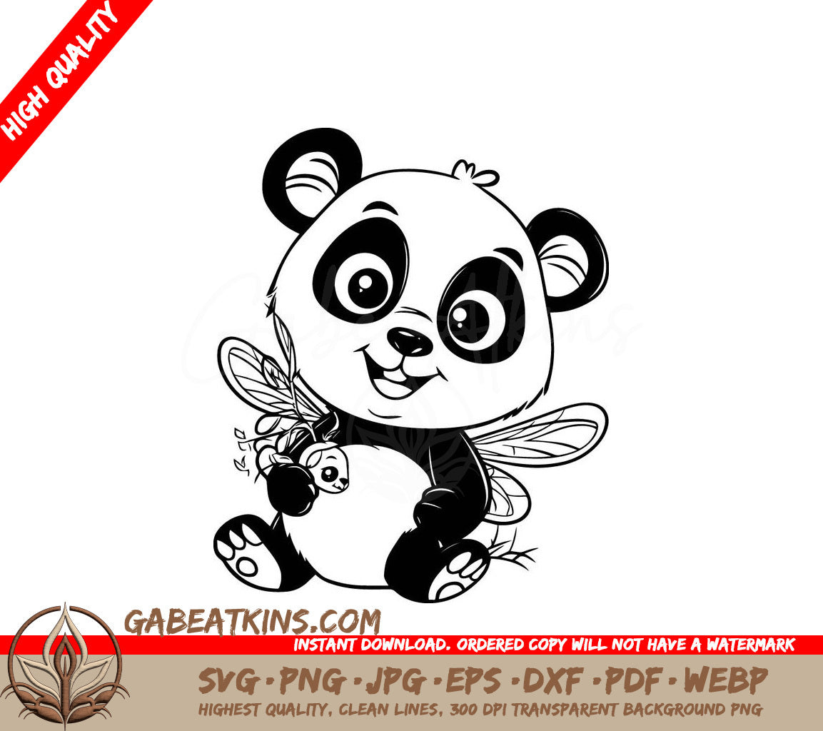 Panda with Wings & Bee - SVG Illustration & Coloring Page SVG