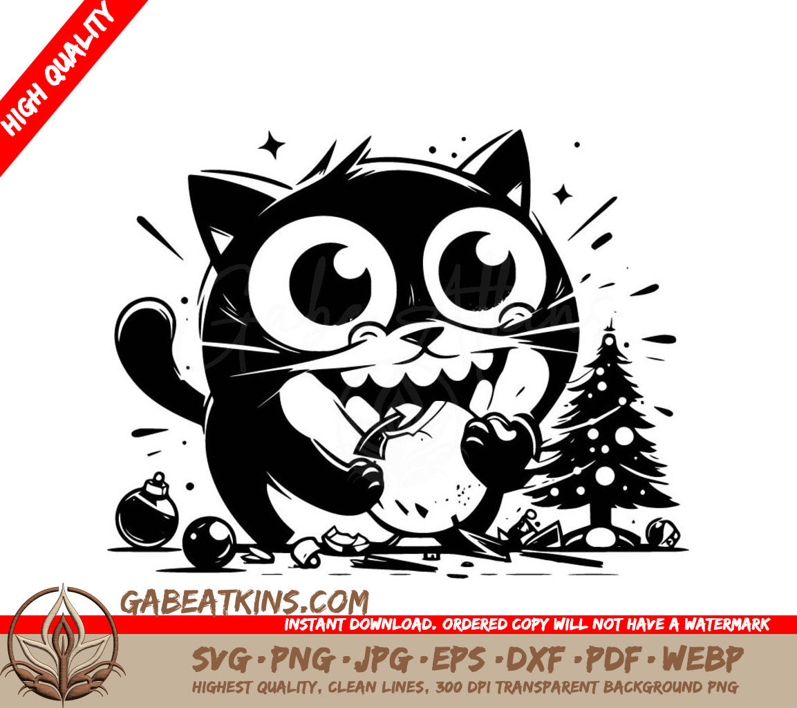 A Cat With A Christmas Tree In The Background SVG - Playful Christmas Chaos SVG