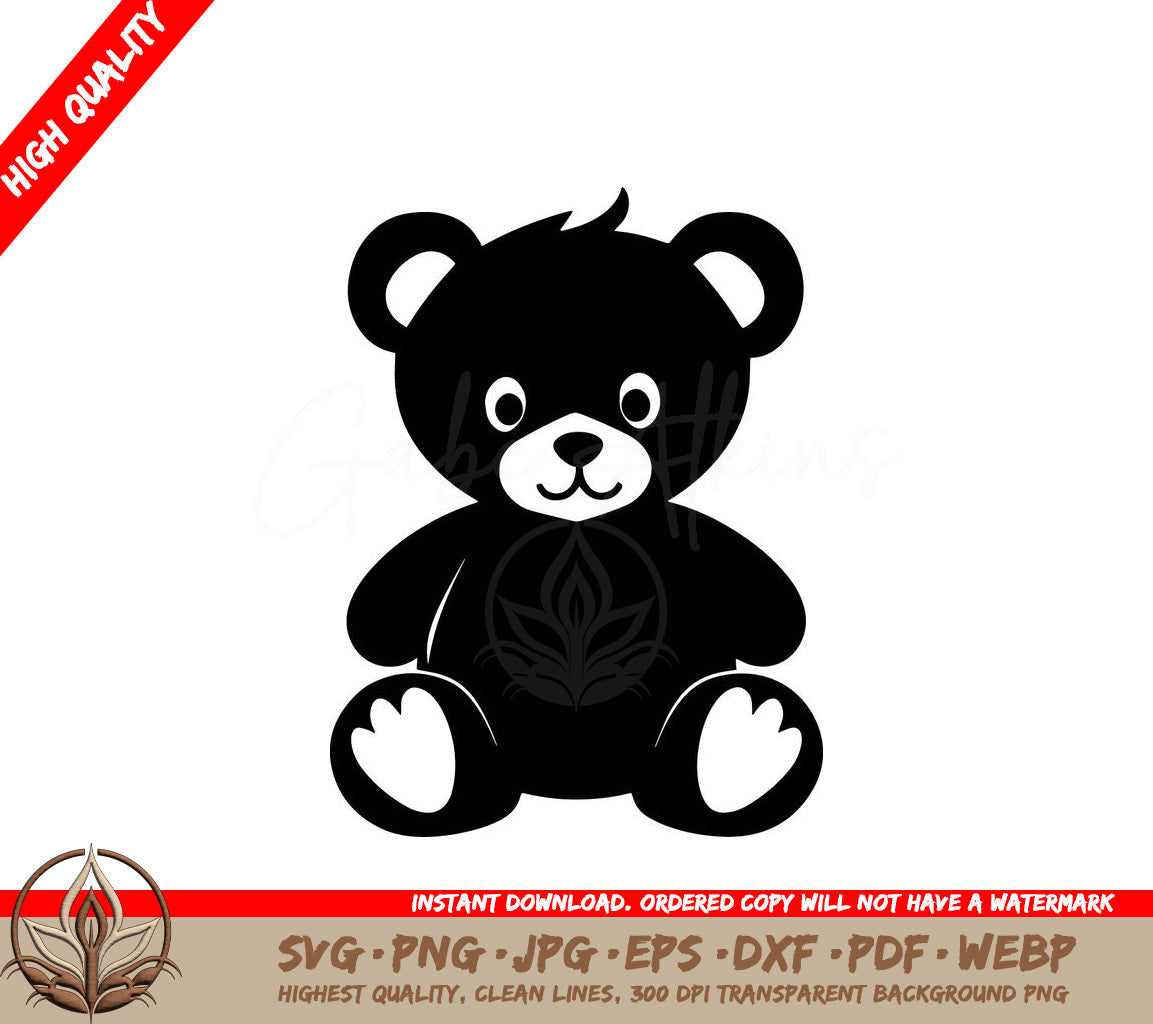 A Black Teddy Bear Is Sitting On A White Background