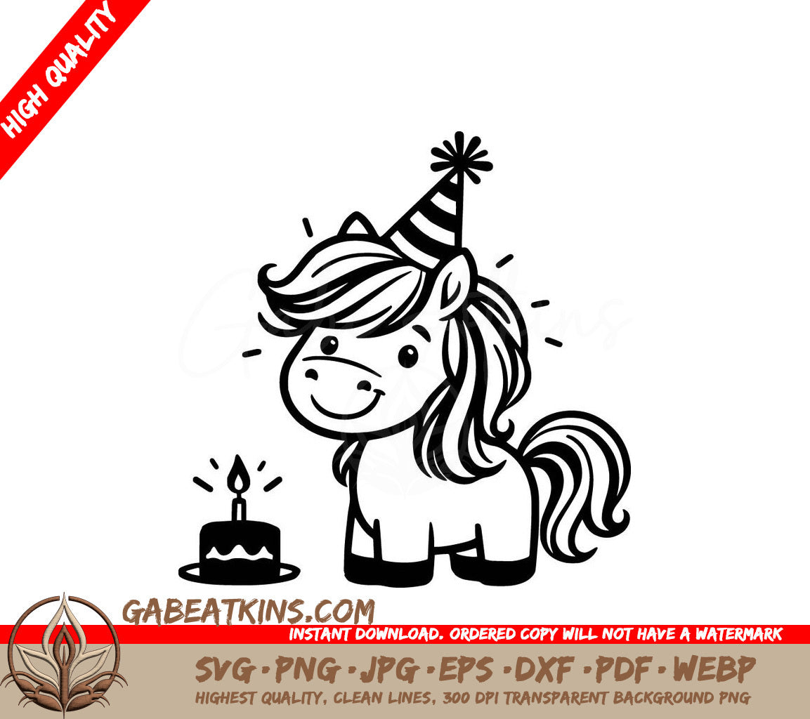 A Pony Wearing A Party Hat Next To A Birthday Cake SVG - Pony Birthday Bash SVG