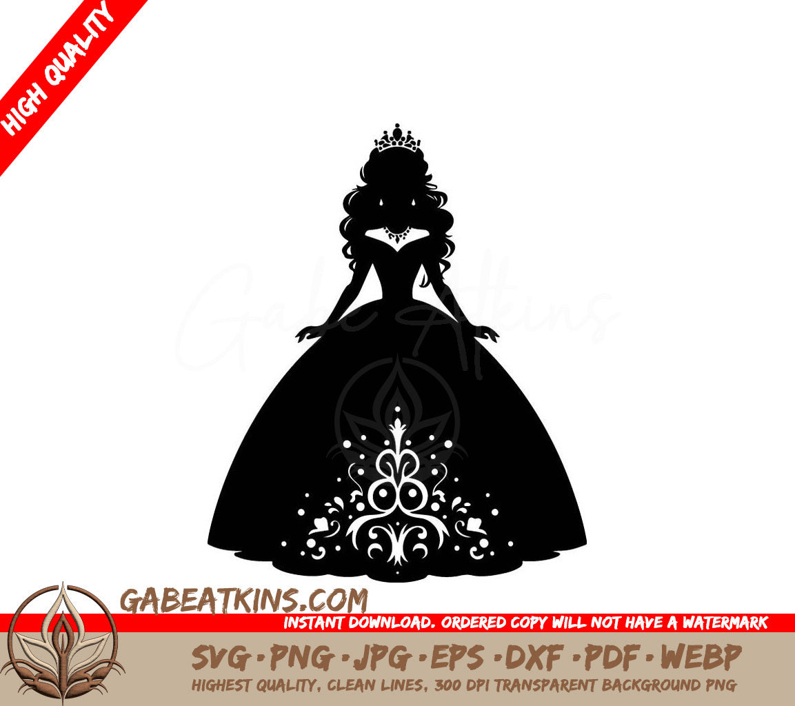 Princess Silhouette SVG Elegant Woman in Black Dress with Crown SVG