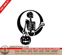 A Black And White Drawing Of A Skeleton Holding A Pumpkin