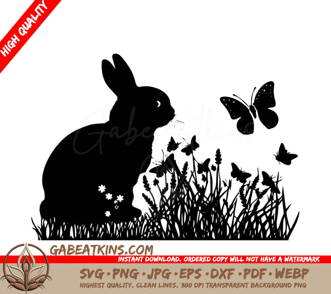 Rabbit In Field With Butterfly SVG - A Black And White Silhouette Of A Rabbit Surrounded By Butterflies