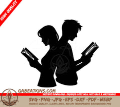 A Man And A Woman Are Reading Books Back To Back SVG - Reading Books SVG