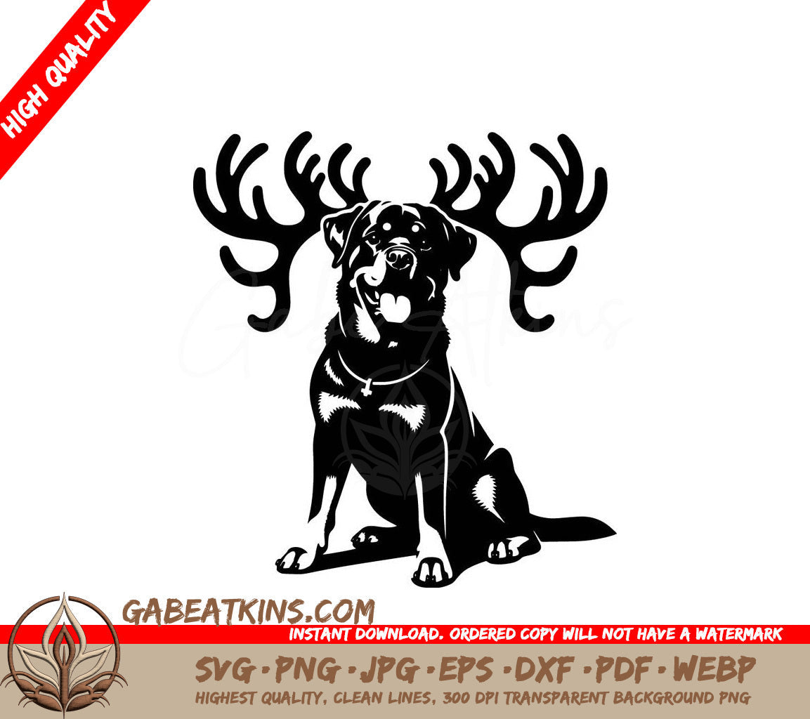 A Dog With Antlers On Its Head SVG - Reindeer Rottweiler SVG