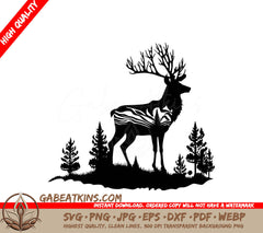 A Silhouette Of A Deer With Trees In The Background SVG - Reindeer SVG