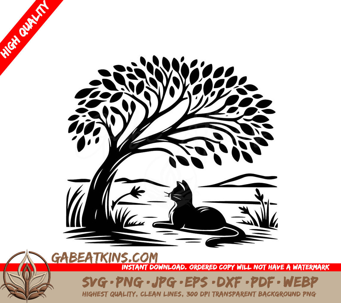A Cat Under A Tree SVG - Relaxing Cat SVG