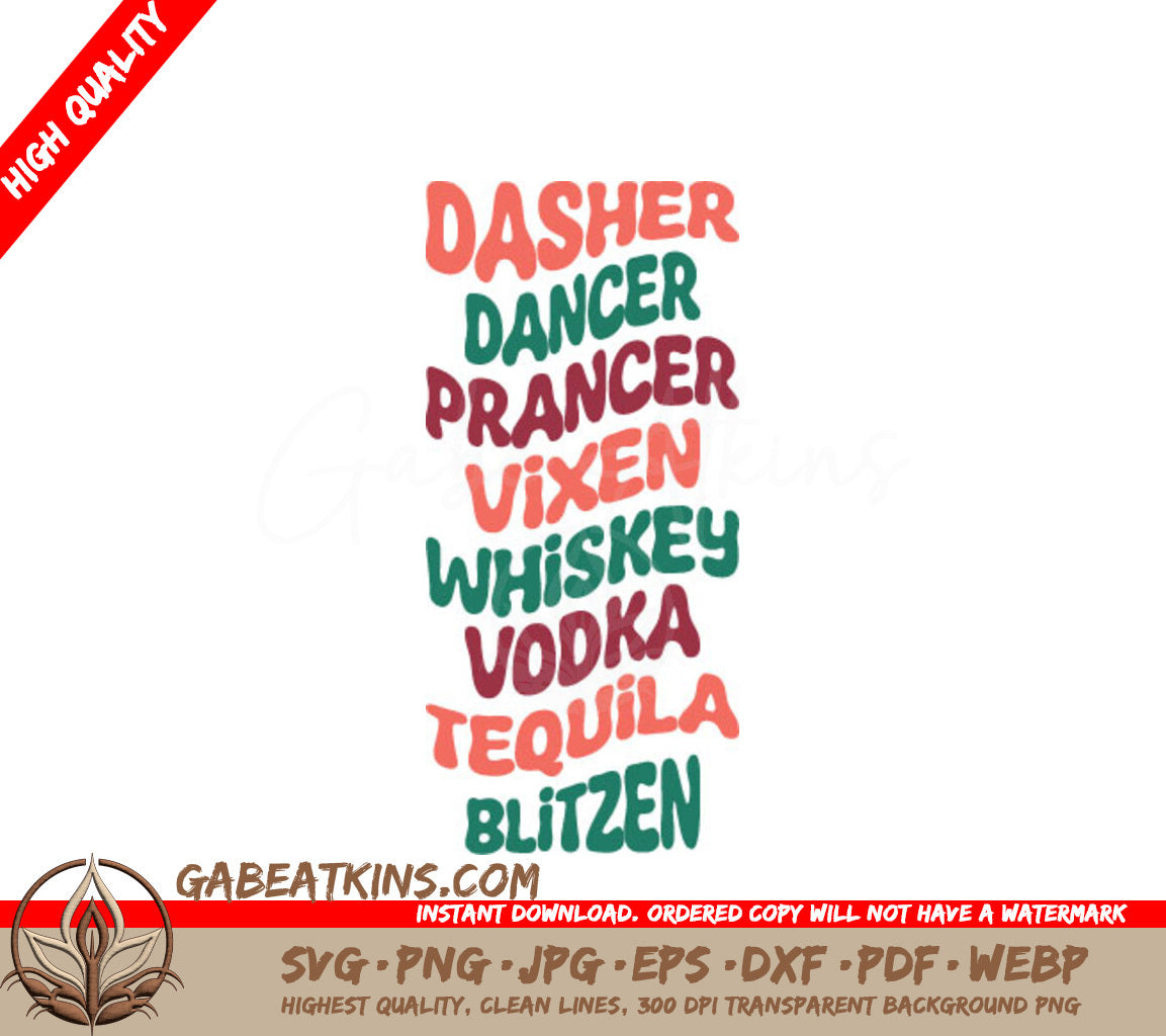 Retro Christmas Reindeer Names SVG - Dasher Dancer Prancer Vixen Whiskey Vodka Tequila Blitzen SVG