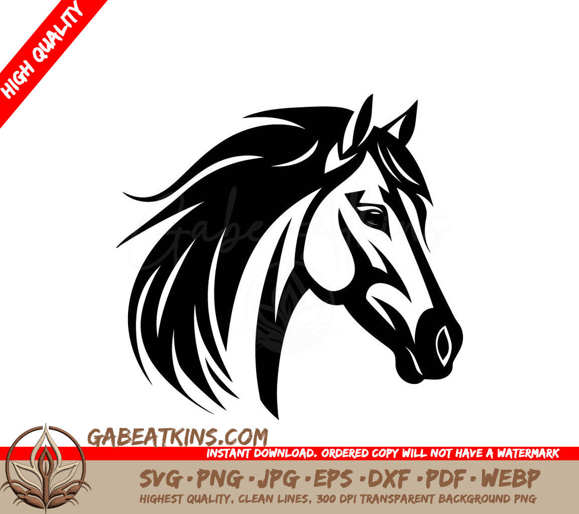 A Horses Head With A Long Mane SVG - Rhythmic Gallop Black Horse Vector SeriesMajestic Monochrome Beauties Vectorized Horses SVG
