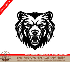 A Black And White Image Of A Bear With Its Mouth Open