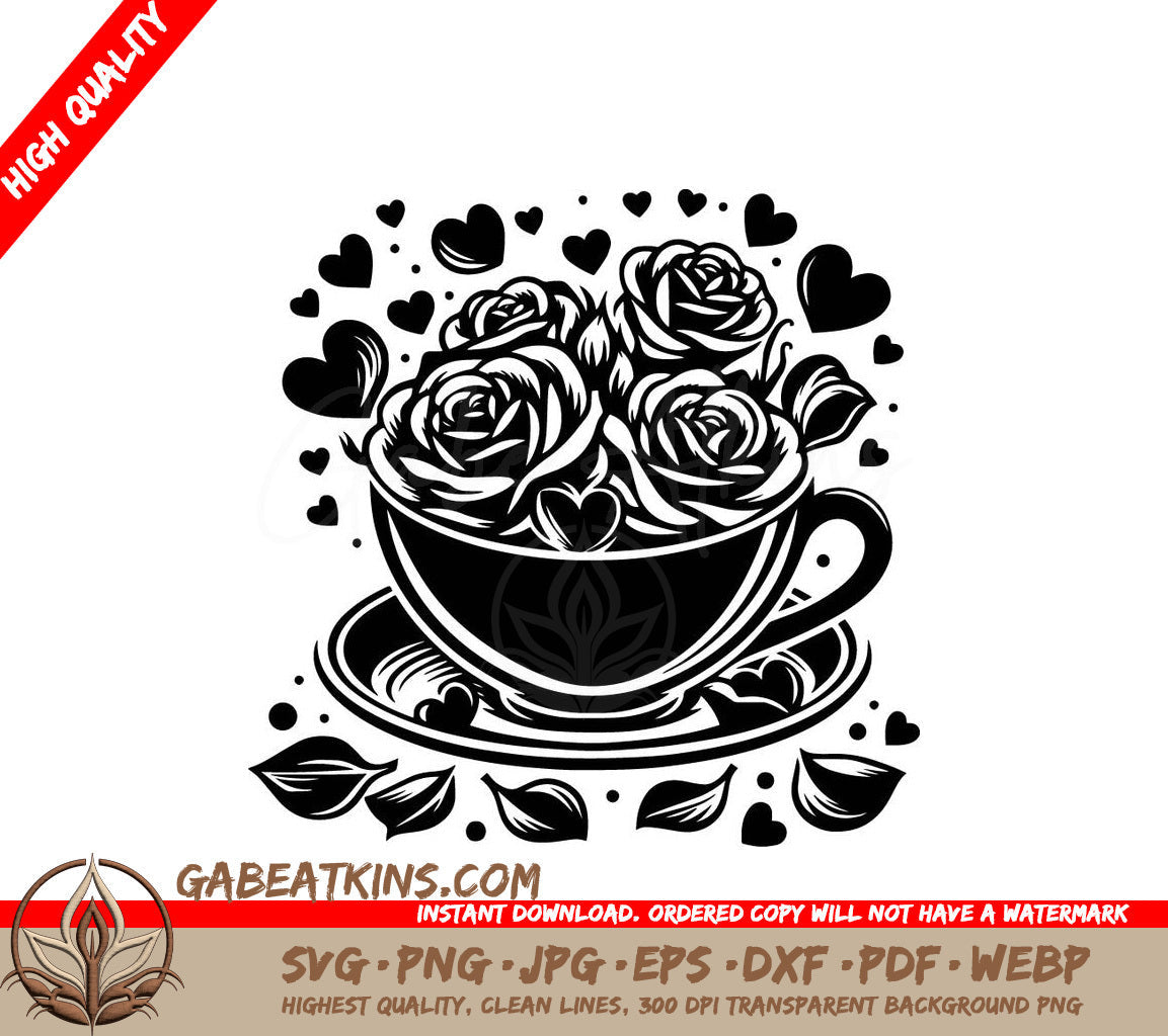 A Cup Of Coffee With Roses And Hearts Around It SVG - Rose Cup Love SVG