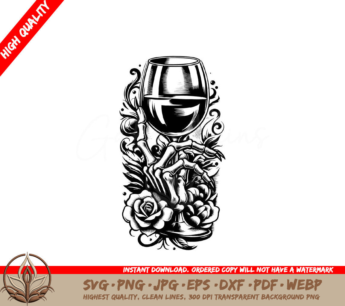 Roses and Wine Skeleton Hand Holding a Wine Glass SVG PNG JPG AI PDF DXF EPS WebP - Digital Download
