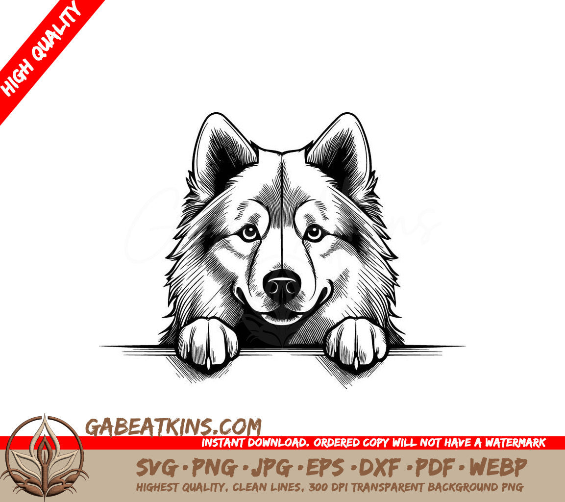 Husky Dog Peeking Over Wall SVG - Samoyed Paw Print Design SVG