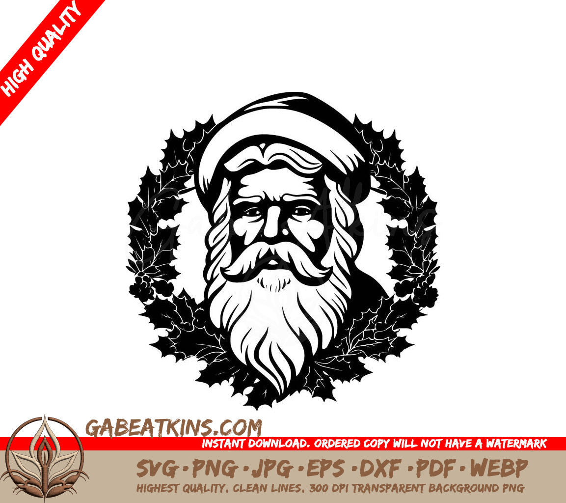 Santa Claus Surrounded By Holly Leaves SVG - Santa Claus Wreath SVG