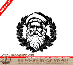 Santa Claus Surrounded By Holly Leaves SVG - Santa Claus Wreath SVG