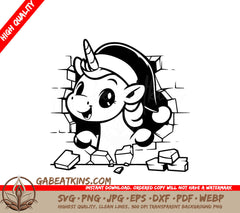 A Unicorn Sticking Its Head Through A Hole In A Wall SVG - Santa Hat Unicorn Breakout SVG