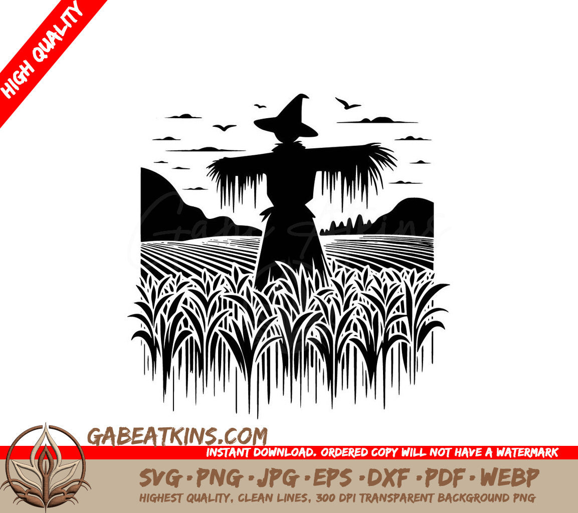 A Black And White Drawing Of A Scarecrow In A Field