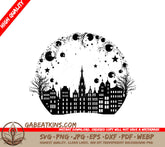 Gothic Chic Christmas City SVG -  Drawing with Glittering Garland SVG