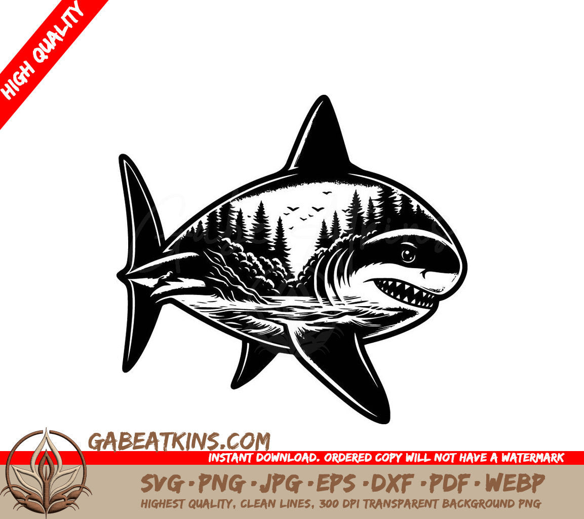 A Black And White Shark With A Forest Inside Of It SVG - Shark Landscape SVG