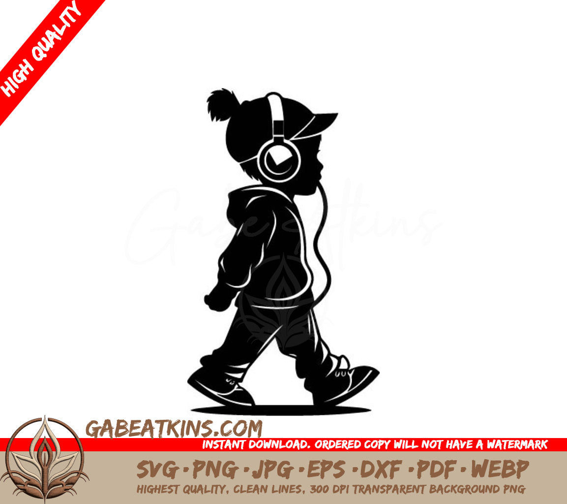 Little Girl Headphones Silhouette SVG - Walking & Listening to Music SVG