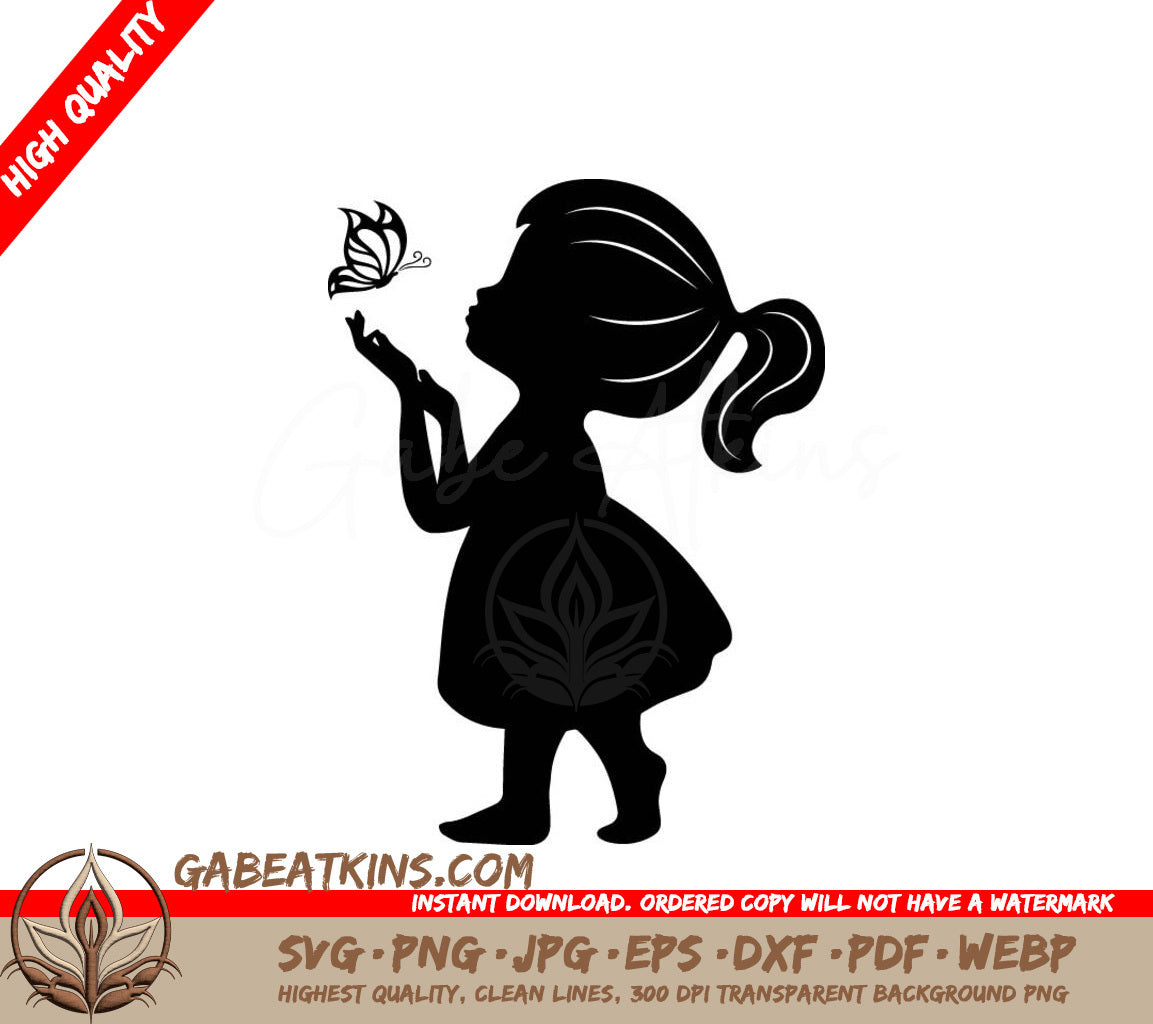 Little Girl Holding Butterfly SVG - Black Silhouette Design SVG