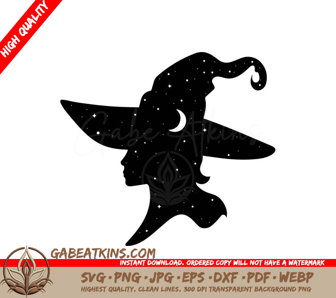 Witch Silhouette with Crescent Moon SVG SVG