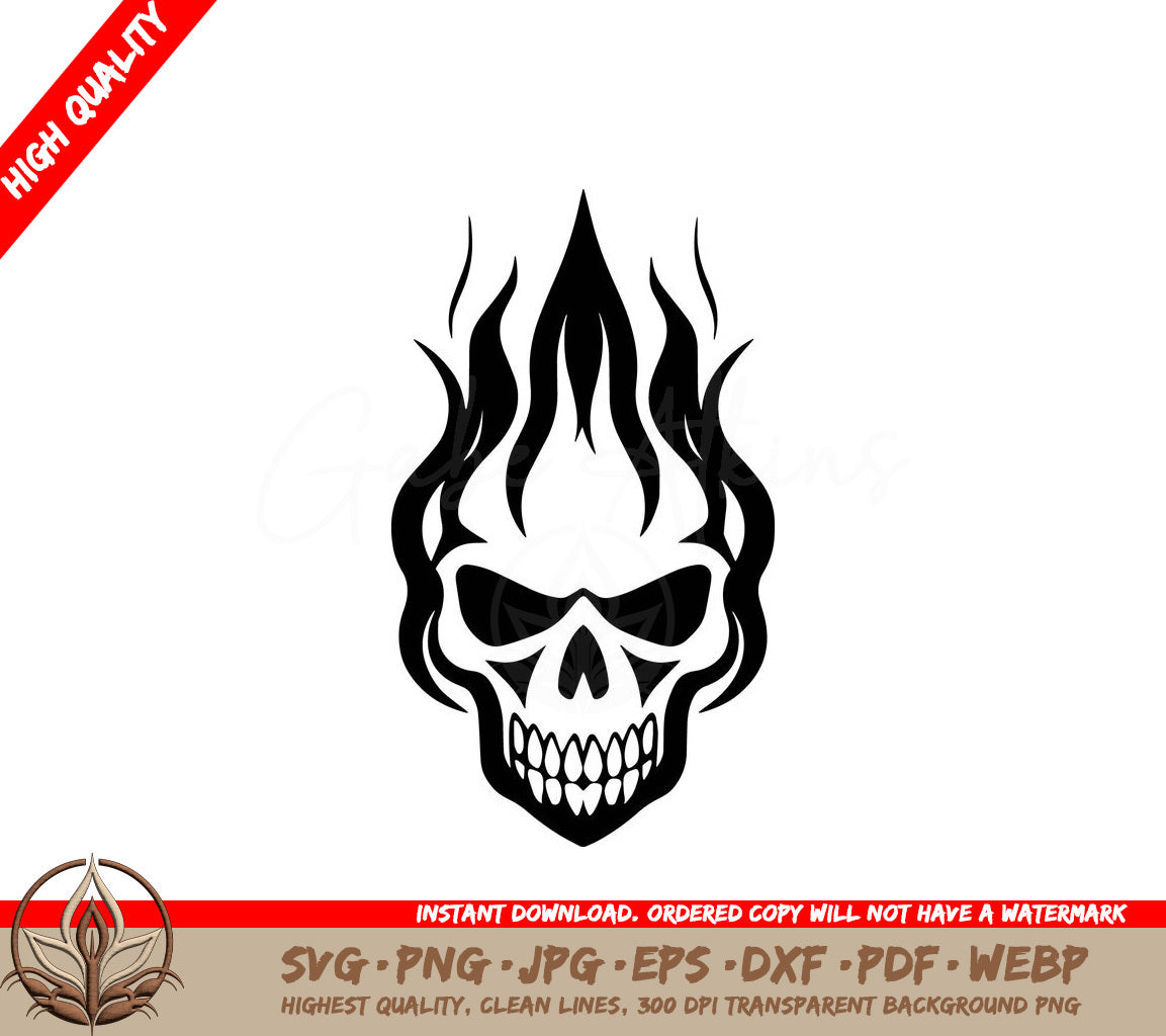 A Black And White Drawing Of A Skull With Flames Around It