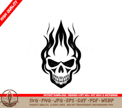 A Black And White Drawing Of A Skull With Flames Around It