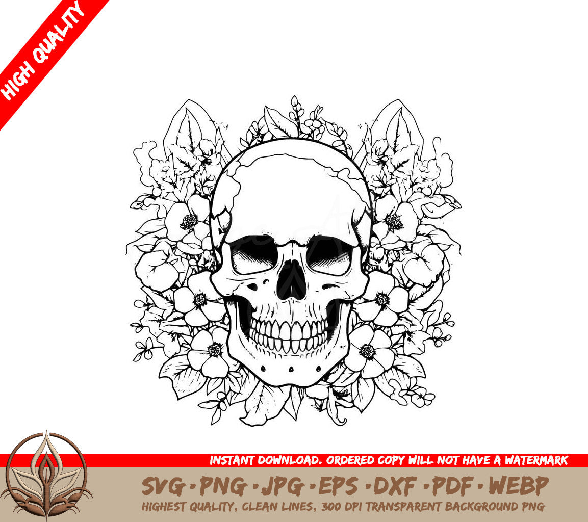A Black And White Drawing Of A Skull Surrounded By Flowers