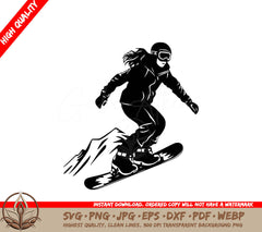 Snowboarding Woman Digital Design File (SVG, PNG, JPG, AI, PDF, DXF, EPS, WebP)