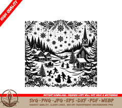 Snowy Christmas Village Digital Cut File in SVG, PNG, JPG, AI, PDF, DXF, EPS and WebP Formats