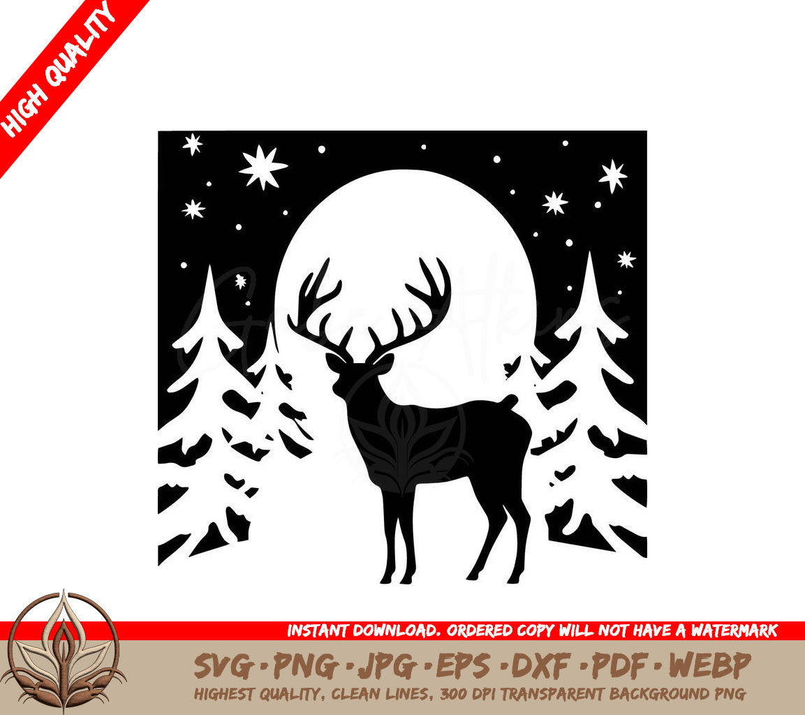 Snowy Deer Graze Digital Design Cut File - SVG, PNG, JPG, AI, PDF, DXF, EPS and WebP Formats